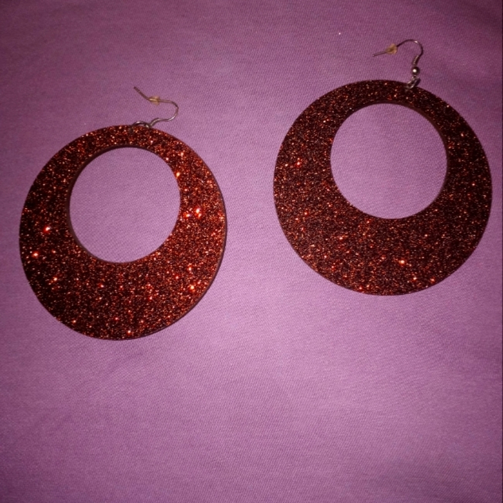 Wooden circle cut brown copper glitter Dangle-Earring